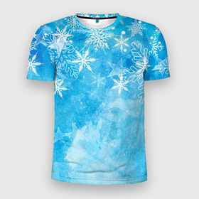 Мужская футболка 3D Slim с принтом Новогодние снежинки ) в Петрозаводске, 100% полиэстер с улучшенными характеристиками | приталенный силуэт, круглая горловина, широкие плечи, сужается к линии бедра | год | мороз | новогодний | новый | снег | снежинка | снежинки