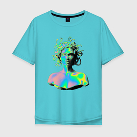Мужская футболка хлопок Oversize с принтом Gorgon Medusa   Vaporwave   Neon в Новосибирске, 100% хлопок | свободный крой, круглый ворот, “спинка” длиннее передней части | color | face | gorgon | medusa | neon | snake | vaporwave | горгона | змея | лицо | медуза | неон | цвет