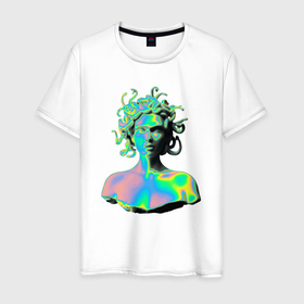 Мужская футболка хлопок с принтом Gorgon Medusa   Vaporwave   Neon , 100% хлопок | прямой крой, круглый вырез горловины, длина до линии бедер, слегка спущенное плечо. | color | face | gorgon | medusa | neon | snake | vaporwave | горгона | змея | лицо | медуза | неон | цвет