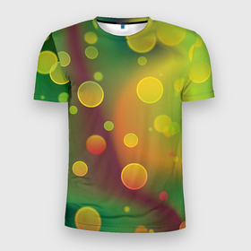 Мужская футболка 3D Slim с принтом Кружочки на разноцветном фоне в Тюмени, 100% полиэстер с улучшенными характеристиками | приталенный силуэт, круглая горловина, широкие плечи, сужается к линии бедра | абстракция | желтый | зеленый | красный | круги | кружки | кружочки | оранжевый