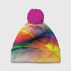Шапка 3D c помпоном с принтом Абстрактные линии разных цветов в Курске, 100% полиэстер | универсальный размер, печать по всей поверхности изделия | абстракция | волна | краски | линии | радуга | радужный | цвета