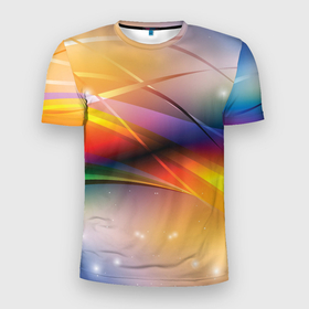 Мужская футболка 3D Slim с принтом Абстрактные линии разных цветов в Петрозаводске, 100% полиэстер с улучшенными характеристиками | приталенный силуэт, круглая горловина, широкие плечи, сужается к линии бедра | абстракция | волна | краски | линии | радуга | радужный | цвета