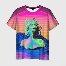 Мужская футболка 3D с принтом Gorgon Medusa   Vaporwave   Neon   Mountains в Курске, 100% полиэфир | прямой крой, круглый вырез горловины, длина до линии бедер | color | face | gorgon | medusa | neon | snake | vaporwave | горгона | змея | лицо | медуза | неон | цвет