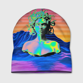 Шапка 3D с принтом Gorgon Medusa   Vaporwave   Neon   Mountains в Тюмени, 100% полиэстер | универсальный размер, печать по всей поверхности изделия | color | face | gorgon | medusa | neon | snake | vaporwave | горгона | змея | лицо | медуза | неон | цвет