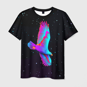 Мужская футболка 3D с принтом Eagle   Space   Neon в Курске, 100% полиэфир | прямой крой, круглый вырез горловины, длина до линии бедер | beak | eagle | neon | planet | space | star | wings | звезда | клюв | космос | крылья | неон | орёл | планета