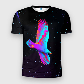 Мужская футболка 3D Slim с принтом Eagle   Space   Neon , 100% полиэстер с улучшенными характеристиками | приталенный силуэт, круглая горловина, широкие плечи, сужается к линии бедра | beak | eagle | neon | planet | space | star | wings | звезда | клюв | космос | крылья | неон | орёл | планета