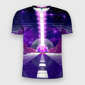 Мужская футболка 3D Slim с принтом Vaporwave   Neon   Space в Курске, 100% полиэстер с улучшенными характеристиками | приталенный силуэт, круглая горловина, широкие плечи, сужается к линии бедра | Тематика изображения на принте: cosmos | neon | space | stars | vaporwave | звёзда | космодром | космос | неон