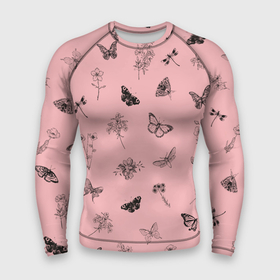 Мужской рашгард 3D с принтом Цветочки и бабочки на розовом фоне ,  |  | бабочки | весна | для девочек | летний принт | лето | милый дизайн | насекомые | пчелы | розовый | ромашки | стрекоза | цветочки | цветочный принт | цветы | черные бабочки