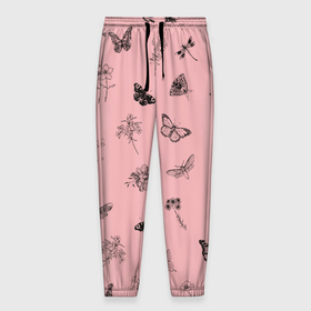 Мужские брюки 3D с принтом Цветочки и бабочки на розовом фоне в Новосибирске, 100% полиэстер | манжеты по низу, эластичный пояс регулируется шнурком, по бокам два кармана без застежек, внутренняя часть кармана из мелкой сетки | Тематика изображения на принте: бабочки | весна | для девочек | летний принт | лето | милый дизайн | насекомые | пчелы | розовый | ромашки | стрекоза | цветочки | цветочный принт | цветы | черные бабочки