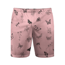 Мужские шорты спортивные с принтом Цветочки и бабочки на розовом фоне ,  |  | Тематика изображения на принте: бабочки | весна | для девочек | летний принт | лето | милый дизайн | насекомые | пчелы | розовый | ромашки | стрекоза | цветочки | цветочный принт | цветы | черные бабочки