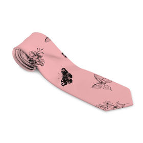 Галстук 3D с принтом Цветочки и бабочки на розовом фоне в Кировске, 100% полиэстер | Длина 148 см; Плотность 150-180 г/м2 | бабочки | весна | для девочек | летний принт | лето | милый дизайн | насекомые | пчелы | розовый | ромашки | стрекоза | цветочки | цветочный принт | цветы | черные бабочки