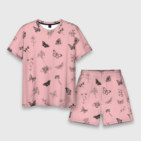 Мужской костюм с шортами 3D с принтом Цветочки и бабочки на розовом фоне ,  |  | бабочки | весна | для девочек | летний принт | лето | милый дизайн | насекомые | пчелы | розовый | ромашки | стрекоза | цветочки | цветочный принт | цветы | черные бабочки
