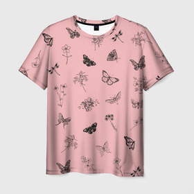 Мужская футболка 3D с принтом Цветочки и бабочки на розовом фоне в Тюмени, 100% полиэфир | прямой крой, круглый вырез горловины, длина до линии бедер | Тематика изображения на принте: бабочки | весна | для девочек | летний принт | лето | милый дизайн | насекомые | пчелы | розовый | ромашки | стрекоза | цветочки | цветочный принт | цветы | черные бабочки