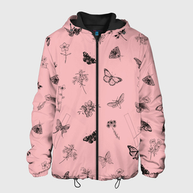 Мужская куртка 3D с принтом Цветочки и бабочки на розовом фоне в Тюмени, ткань верха — 100% полиэстер, подклад — флис | прямой крой, подол и капюшон оформлены резинкой с фиксаторами, два кармана без застежек по бокам, один большой потайной карман на груди. Карман на груди застегивается на липучку | бабочки | весна | для девочек | летний принт | лето | милый дизайн | насекомые | пчелы | розовый | ромашки | стрекоза | цветочки | цветочный принт | цветы | черные бабочки