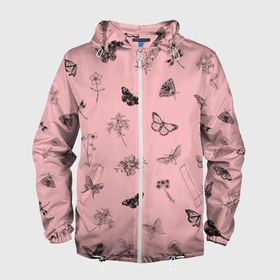 Мужская ветровка 3D с принтом Цветочки и бабочки на розовом фоне в Тюмени, 100% полиэстер | подол и капюшон оформлены резинкой с фиксаторами, два кармана без застежек по бокам, один потайной карман на груди | Тематика изображения на принте: бабочки | весна | для девочек | летний принт | лето | милый дизайн | насекомые | пчелы | розовый | ромашки | стрекоза | цветочки | цветочный принт | цветы | черные бабочки