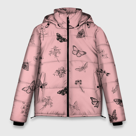Мужская зимняя куртка 3D с принтом Цветочки и бабочки на розовом фоне в Санкт-Петербурге, верх — 100% полиэстер; подкладка — 100% полиэстер; утеплитель — 100% полиэстер | длина ниже бедра, свободный силуэт Оверсайз. Есть воротник-стойка, отстегивающийся капюшон и ветрозащитная планка. 

Боковые карманы с листочкой на кнопках и внутренний карман на молнии. | бабочки | весна | для девочек | летний принт | лето | милый дизайн | насекомые | пчелы | розовый | ромашки | стрекоза | цветочки | цветочный принт | цветы | черные бабочки