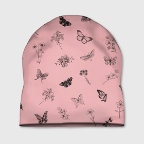 Шапка 3D с принтом Цветочки и бабочки на розовом фоне , 100% полиэстер | универсальный размер, печать по всей поверхности изделия | бабочки | весна | для девочек | летний принт | лето | милый дизайн | насекомые | пчелы | розовый | ромашки | стрекоза | цветочки | цветочный принт | цветы | черные бабочки