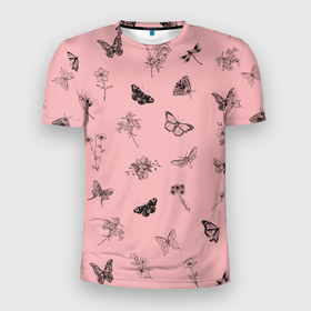 Мужская футболка 3D Slim с принтом Цветочки и бабочки на розовом фоне в Белгороде, 100% полиэстер с улучшенными характеристиками | приталенный силуэт, круглая горловина, широкие плечи, сужается к линии бедра | бабочки | весна | для девочек | летний принт | лето | милый дизайн | насекомые | пчелы | розовый | ромашки | стрекоза | цветочки | цветочный принт | цветы | черные бабочки