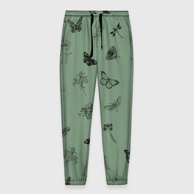 Мужские брюки 3D с принтом Цветочки и бабочки на зеленом фоне в Новосибирске, 100% полиэстер | манжеты по низу, эластичный пояс регулируется шнурком, по бокам два кармана без застежек, внутренняя часть кармана из мелкой сетки | Тематика изображения на принте: бабочки | весна | для девочек | летний принт | лето | милый дизайн | насекомые | пчелы | розовый | ромашки | стрекоза | цветочки | цветочный принт | цветы | черные бабочки