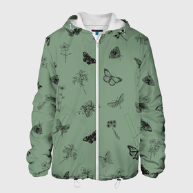 Мужская куртка 3D с принтом Цветочки и бабочки на зеленом фоне в Екатеринбурге, ткань верха — 100% полиэстер, подклад — флис | прямой крой, подол и капюшон оформлены резинкой с фиксаторами, два кармана без застежек по бокам, один большой потайной карман на груди. Карман на груди застегивается на липучку | бабочки | весна | для девочек | летний принт | лето | милый дизайн | насекомые | пчелы | розовый | ромашки | стрекоза | цветочки | цветочный принт | цветы | черные бабочки