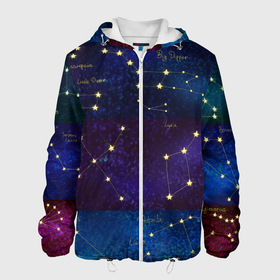 Мужская куртка 3D с принтом Самые известные созвездия Северного полушария летом в Екатеринбурге, ткань верха — 100% полиэстер, подклад — флис | прямой крой, подол и капюшон оформлены резинкой с фиксаторами, два кармана без застежек по бокам, один большой потайной карман на груди. Карман на груди застегивается на липучку | constellations | galaxy | stars | вселенная | звезды | небо | ночное | полушарие | северное | созвездия