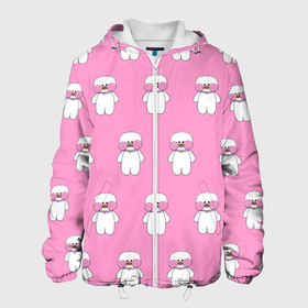 Мужская куртка 3D с принтом ЛАЛАФАНФАН на розовом фоне в Екатеринбурге, ткань верха — 100% полиэстер, подклад — флис | прямой крой, подол и капюшон оформлены резинкой с фиксаторами, два кармана без застежек по бокам, один большой потайной карман на груди. Карман на груди застегивается на липучку | duck draw | lalafanfan | желтая утка | китайские утки | корейская утка | лалафанфан | утка