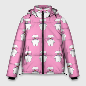 Мужская зимняя куртка 3D с принтом ЛАЛАФАНФАН на розовом фоне в Санкт-Петербурге, верх — 100% полиэстер; подкладка — 100% полиэстер; утеплитель — 100% полиэстер | длина ниже бедра, свободный силуэт Оверсайз. Есть воротник-стойка, отстегивающийся капюшон и ветрозащитная планка. 

Боковые карманы с листочкой на кнопках и внутренний карман на молнии. | Тематика изображения на принте: duck draw | lalafanfan | желтая утка | китайские утки | корейская утка | лалафанфан | утка