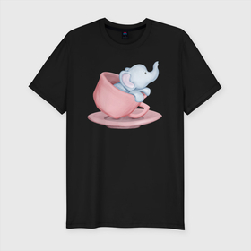 Мужская футболка хлопок Slim с принтом Милый Слонёнок Внутри Чашки в Тюмени, 92% хлопок, 8% лайкра | приталенный силуэт, круглый вырез ворота, длина до линии бедра, короткий рукав | animals | beast | cute | животные | звери | милый | слон | слонёнок