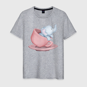 Мужская футболка хлопок с принтом Милый Слонёнок Внутри Чашки в Екатеринбурге, 100% хлопок | прямой крой, круглый вырез горловины, длина до линии бедер, слегка спущенное плечо. | animals | beast | cute | животные | звери | милый | слон | слонёнок