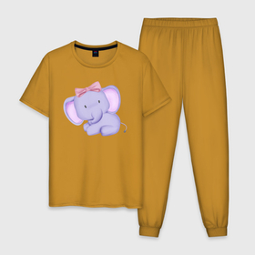 Мужская пижама хлопок с принтом Милый Слонёнок С Бантиком в Новосибирске, 100% хлопок | брюки и футболка прямого кроя, без карманов, на брюках мягкая резинка на поясе и по низу штанин
 | animals | beast | cute | животные | звери | милый | слон | слонёнок