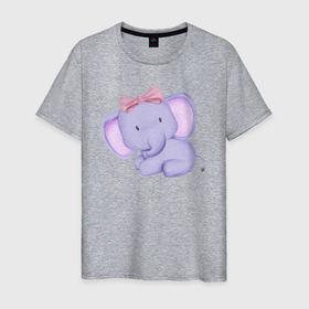 Мужская футболка хлопок с принтом Милый Слонёнок С Бантиком в Екатеринбурге, 100% хлопок | прямой крой, круглый вырез горловины, длина до линии бедер, слегка спущенное плечо. | animals | beast | cute | животные | звери | милый | слон | слонёнок