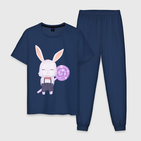Мужская пижама хлопок с принтом Милый Крольчонок С Леденцом в Новосибирске, 100% хлопок | брюки и футболка прямого кроя, без карманов, на брюках мягкая резинка на поясе и по низу штанин
 | Тематика изображения на принте: animals | beast | cute | hare | rabbit | животные | заяц | звери | кролик | крольчонок | милый