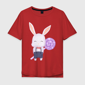 Мужская футболка хлопок Oversize с принтом Милый Крольчонок С Леденцом в Новосибирске, 100% хлопок | свободный крой, круглый ворот, “спинка” длиннее передней части | animals | beast | cute | hare | rabbit | животные | заяц | звери | кролик | крольчонок | милый