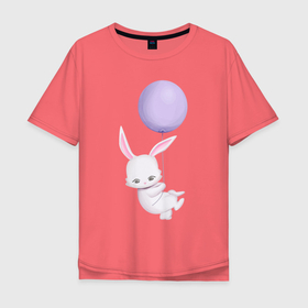 Мужская футболка хлопок Oversize с принтом Милый Крольчонок Летит На Воздушном Шаре в Новосибирске, 100% хлопок | свободный крой, круглый ворот, “спинка” длиннее передней части | animals | beast | cute | hare | rabbit | животные | заяц | звери | кролик | крольчонок | милый