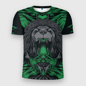 Мужская футболка 3D Slim с принтом Царь зверей лев в Белгороде, 100% полиэстер с улучшенными характеристиками | приталенный силуэт, круглая горловина, широкие плечи, сужается к линии бедра | дикий | животное | кошка | лев | хищник | царь