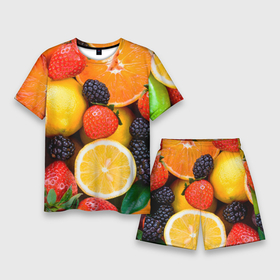 Мужской костюм с шортами 3D с принтом ИЗОБИЛИЕ ФРУКТОВ в Кировске,  |  | вегетарианский | веселые | еда | ежевика | желтый | здоровый | зеленый | клубника | красный | красочные | лето | лимон | оранжевый | природа | свежие | узор | фрукты | цитрусовые | яблоко