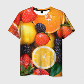 Мужская футболка 3D с принтом ИЗОБИЛИЕ ФРУКТОВ в Новосибирске, 100% полиэфир | прямой крой, круглый вырез горловины, длина до линии бедер | вегетарианский | веселые | еда | ежевика | желтый | здоровый | зеленый | клубника | красный | красочные | лето | лимон | оранжевый | природа | свежие | узор | фрукты | цитрусовые | яблоко