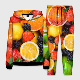 Мужской костюм 3D с принтом ИЗОБИЛИЕ ФРУКТОВ , 100% полиэстер | Манжеты и пояс оформлены тканевой резинкой, двухслойный капюшон со шнурком для регулировки, карманы спереди | вегетарианский | веселые | еда | ежевика | желтый | здоровый | зеленый | клубника | красный | красочные | лето | лимон | оранжевый | природа | свежие | узор | фрукты | цитрусовые | яблоко