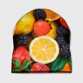 Шапка 3D с принтом ИЗОБИЛИЕ ФРУКТОВ в Белгороде, 100% полиэстер | универсальный размер, печать по всей поверхности изделия | вегетарианский | веселые | еда | ежевика | желтый | здоровый | зеленый | клубника | красный | красочные | лето | лимон | оранжевый | природа | свежие | узор | фрукты | цитрусовые | яблоко