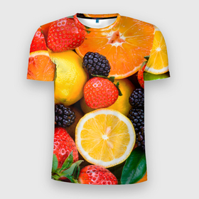 Мужская футболка 3D Slim с принтом ИЗОБИЛИЕ ФРУКТОВ , 100% полиэстер с улучшенными характеристиками | приталенный силуэт, круглая горловина, широкие плечи, сужается к линии бедра | вегетарианский | веселые | еда | ежевика | желтый | здоровый | зеленый | клубника | красный | красочные | лето | лимон | оранжевый | природа | свежие | узор | фрукты | цитрусовые | яблоко
