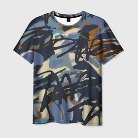 Мужская футболка 3D с принтом Abstract drawing in blue в Екатеринбурге, 100% полиэфир | прямой крой, круглый вырез горловины, длина до линии бедер | 
