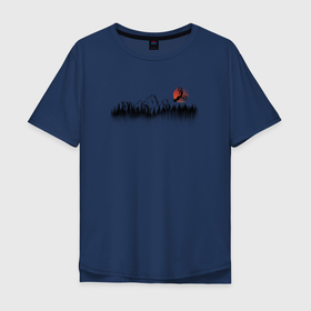 Мужская футболка хлопок Oversize с принтом Red moon mountains rider в Санкт-Петербурге, 100% хлопок | свободный крой, круглый ворот, “спинка” длиннее передней части | 