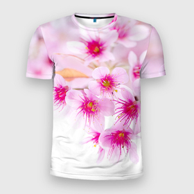 Мужская футболка 3D Slim с принтом Цвет сакуры в Белгороде, 100% полиэстер с улучшенными характеристиками | приталенный силуэт, круглая горловина, широкие плечи, сужается к линии бедра | вишня | сакура | тветочки | цвет | цветок | японская