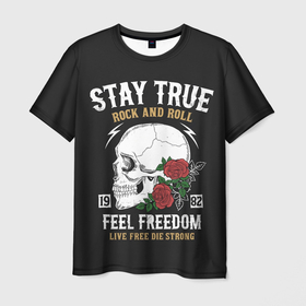 Мужская футболка 3D с принтом Сила в правде, а правда в рок н ролле в Тюмени, 100% полиэфир | прямой крой, круглый вырез горловины, длина до линии бедер | гот | метал | правда | призыв | розы | рок | сила | скелет | цветы | череп | эмо