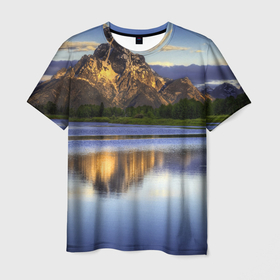 Мужская футболка 3D с принтом Горы (mountains) в Новосибирске, 100% полиэфир | прямой крой, круглый вырез горловины, длина до линии бедер | lake | mountains | горы | озеро | скалы