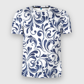Мужская футболка 3D Slim с принтом Гжелевый рисунок в Тюмени, 100% полиэстер с улучшенными характеристиками | приталенный силуэт, круглая горловина, широкие плечи, сужается к линии бедра | арт | вектор | гжель | народный рисунок | рисунок | синий | синий рисунок | хохлома | цветок | цветы
