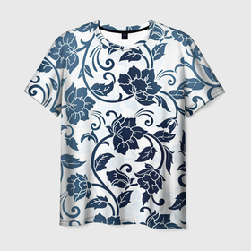 Мужская футболка 3D с принтом Гжелевые цветы в Кировске, 100% полиэфир | прямой крой, круглый вырез горловины, длина до линии бедер | Тематика изображения на принте: арт | вектор | гжелевый рисунок | гжель | народный рисунок | рисунок | синий | хохлома | цветок | цветы