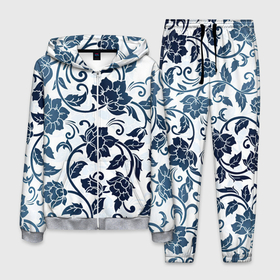 Мужской костюм 3D с принтом Гжелевые цветы в Новосибирске, 100% полиэстер | Манжеты и пояс оформлены тканевой резинкой, двухслойный капюшон со шнурком для регулировки, карманы спереди | арт | вектор | гжелевый рисунок | гжель | народный рисунок | рисунок | синий | хохлома | цветок | цветы