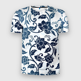 Мужская футболка 3D Slim с принтом Гжелевые цветы в Тюмени, 100% полиэстер с улучшенными характеристиками | приталенный силуэт, круглая горловина, широкие плечи, сужается к линии бедра | арт | вектор | гжелевый рисунок | гжель | народный рисунок | рисунок | синий | хохлома | цветок | цветы