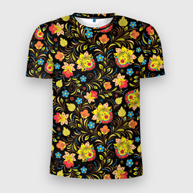 Мужская футболка 3D Slim с принтом Мелкая хохлома в Новосибирске, 100% полиэстер с улучшенными характеристиками | приталенный силуэт, круглая горловина, широкие плечи, сужается к линии бедра | арт | вектор | желтый | зеленый | золотой | красный | народный рисунок | рисунок | хохлома | цветок | цветы | чёрный | ягода | ягоды